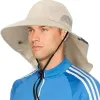 Wide Brim Sun Hat with Neck Flap, UPF50+ - Beige