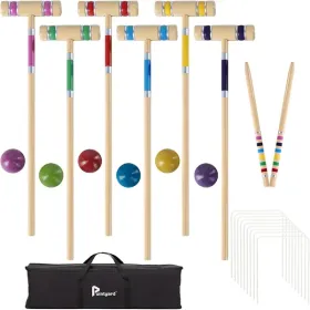 Six Player Croquet Set, 28'' Croquet Set with Wooden Mallets/Colored Ball/Wickets/Stakes