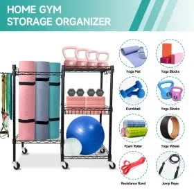 Home Gym Storage Rack – Yoga Mat Storage Rack with Wheels | Organizer for Mats, Foam Rollers, Dumbbells, Kettlebells & Resistance Bands