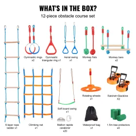 Ninja Warrior Obstacle Course for Kids – 2×50 ft Slacklines, 12 Obstacles, 500 lbs Monkey Line, Outdoor Backyard Training Set