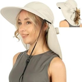 UPF 50+ Women's Wide Brim Sun Hat with Neck Flap & Bow (Beige)