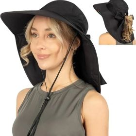 UPF 50+ Women's Wide Brim Sun Hat with Neck Flap & Bow – Black