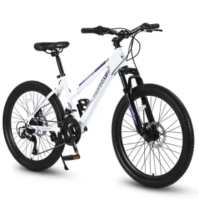 24" Mountain Bike for Teenagers, Girls & Women – Shimano 21 Speeds, Dual Disc Brakes, 100mm Suspension – White/Pink