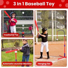 3-in-1 Toddler Baseball Toy Set – Tee Stand, Launcher & Hanging Tee (Color: Red)